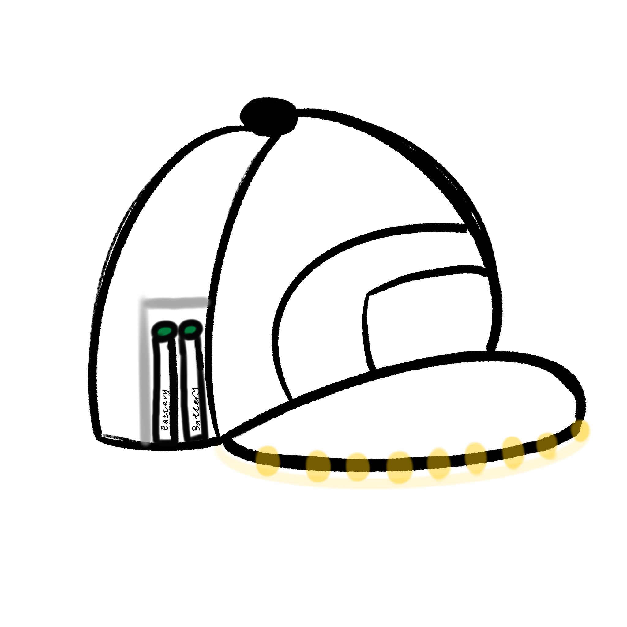 This third image showcases the LED strip details and battery placement. The battery module is hidden inside the cap and connected to the LED strip on the brim, ensuring a lightweight and stable design.