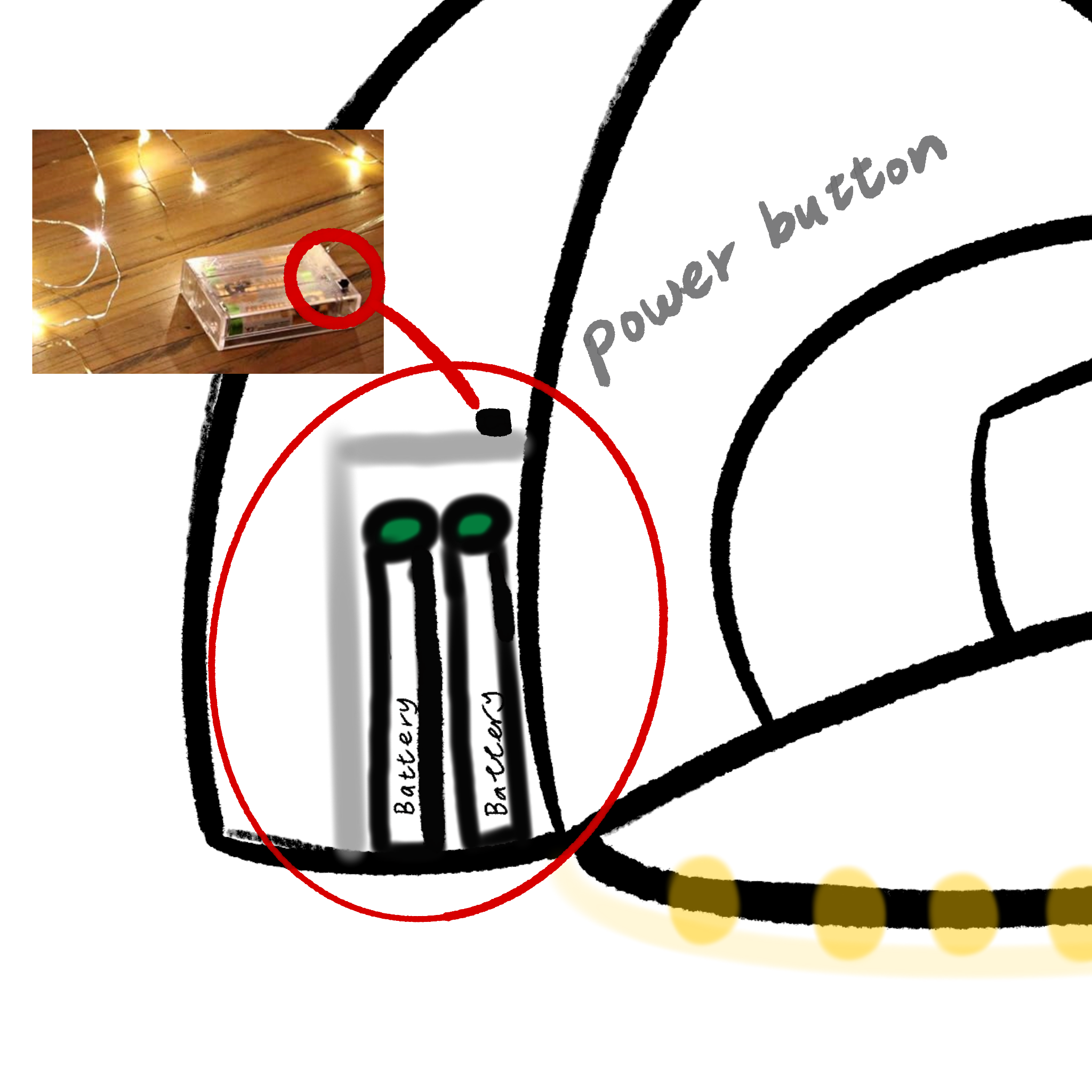 This image zooms in on the battery module, which contains two batteries and a power button on the side for easy control. A reference photo of a real LED battery pack is included, making the design more practical and realistic.