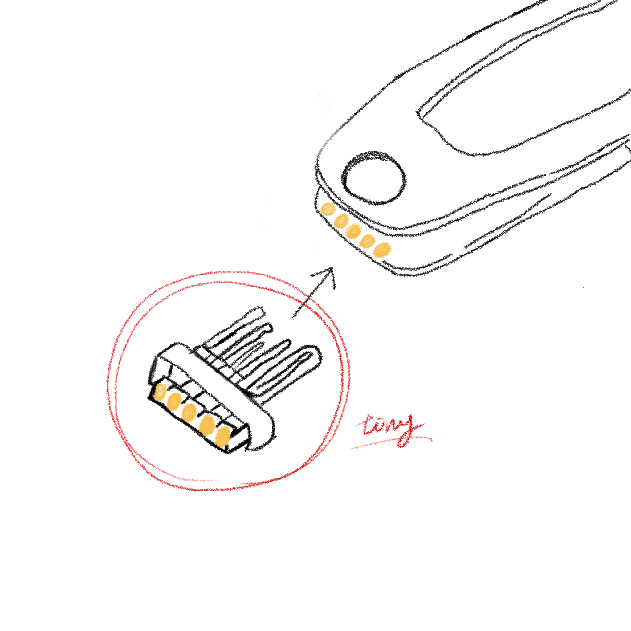 This image focuses on the charging mechanism. I designed a tiny connector that attaches to the side of the clip, making it easy to charge without affecting the design.