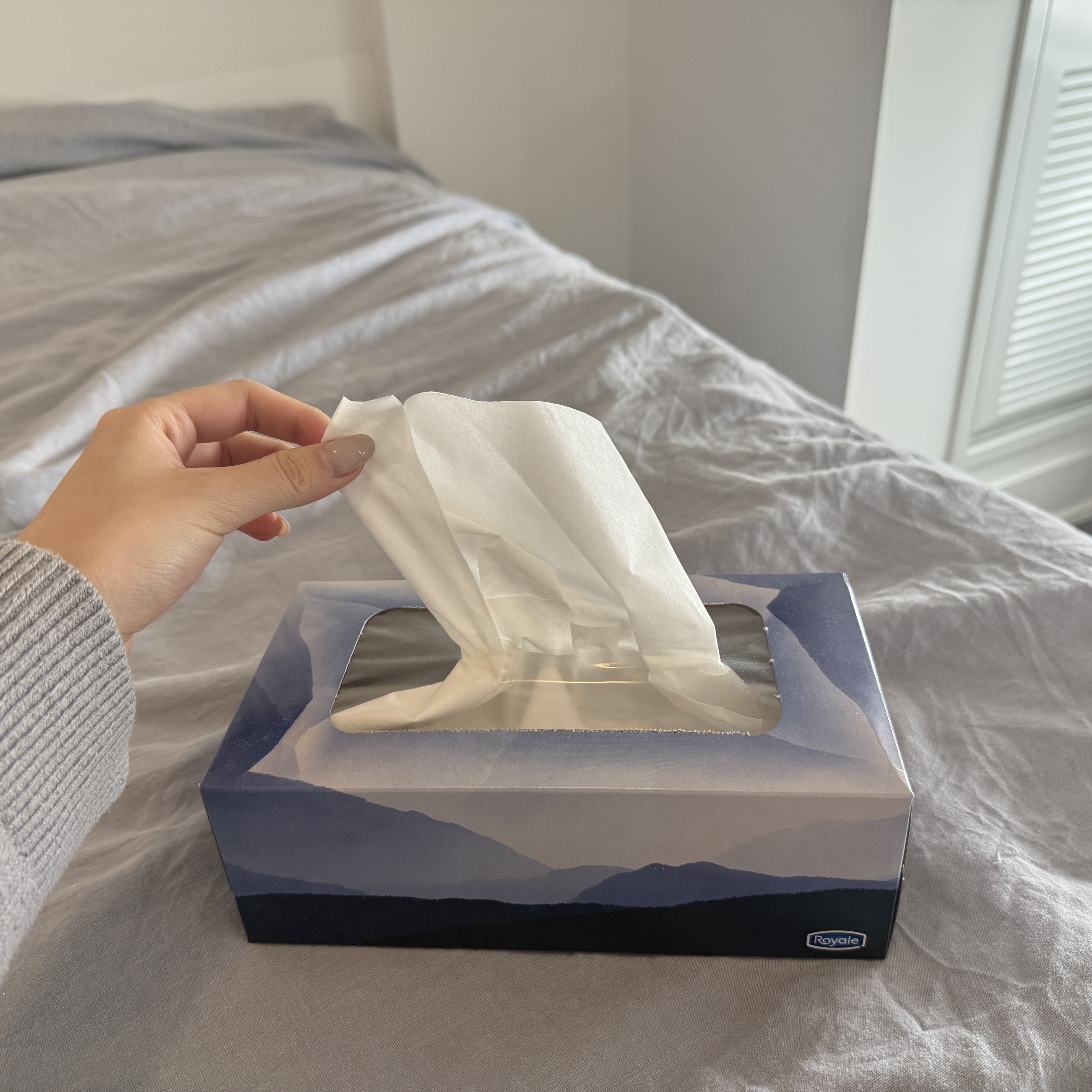 The soft rustling noise when pulling a tissue from the box.