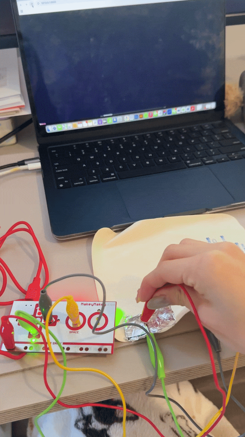 I connected different copper shapes to Makey Makey. Each touch changed the animation on my laptop.