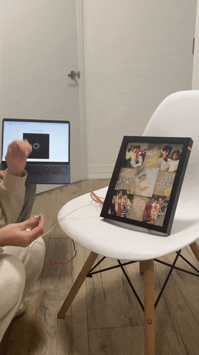 When a user touches one of the photos, the system sends a signal through Makey Makey to my custom p5.js program, triggering a specific sound and animation. To me, this isn’t just an interaction — it’s a gentle way of calling a memory back to life.
    Every touch feels like I’m reaching out and bringing a precious moment closer, as if I’m holding that memory in my hands again.